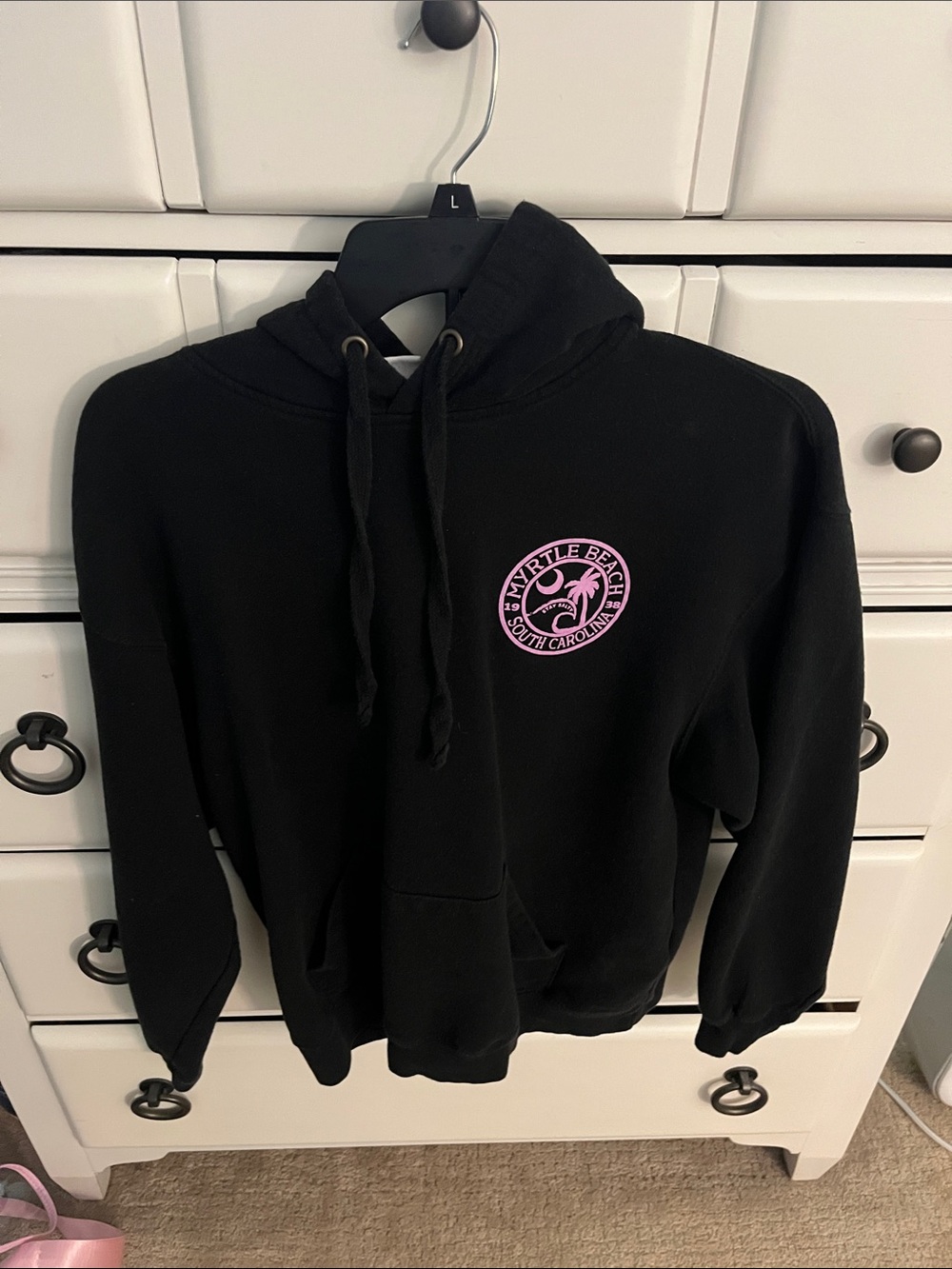 Women’s Black Hoodie with Pink Myrtle Beach Emblem